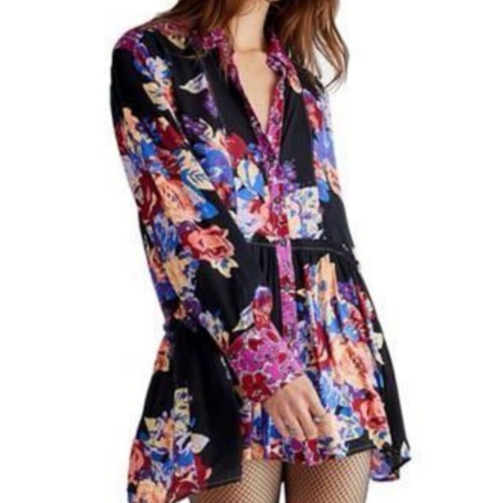 Free People Brunch a Bunch Floral Button-Up Blouse Black Multicolor Size Medium